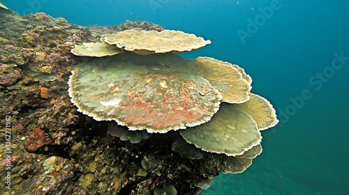 Fototapeta Naklejka Na Ścianę i Meble -  Underwater view of layered coral reef formations with marine life