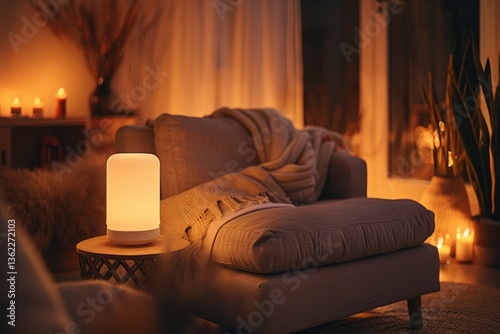 Cozy living room scene with a glowing lamp, soft blankets, and candles creating a warm ambiance