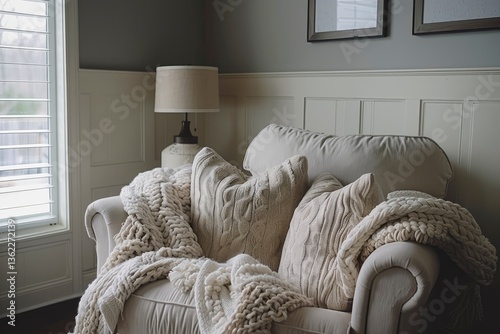 Cozy living room scene featuring a plush sofa adorned with textured blankets and cushions, creating a warm atmosphere