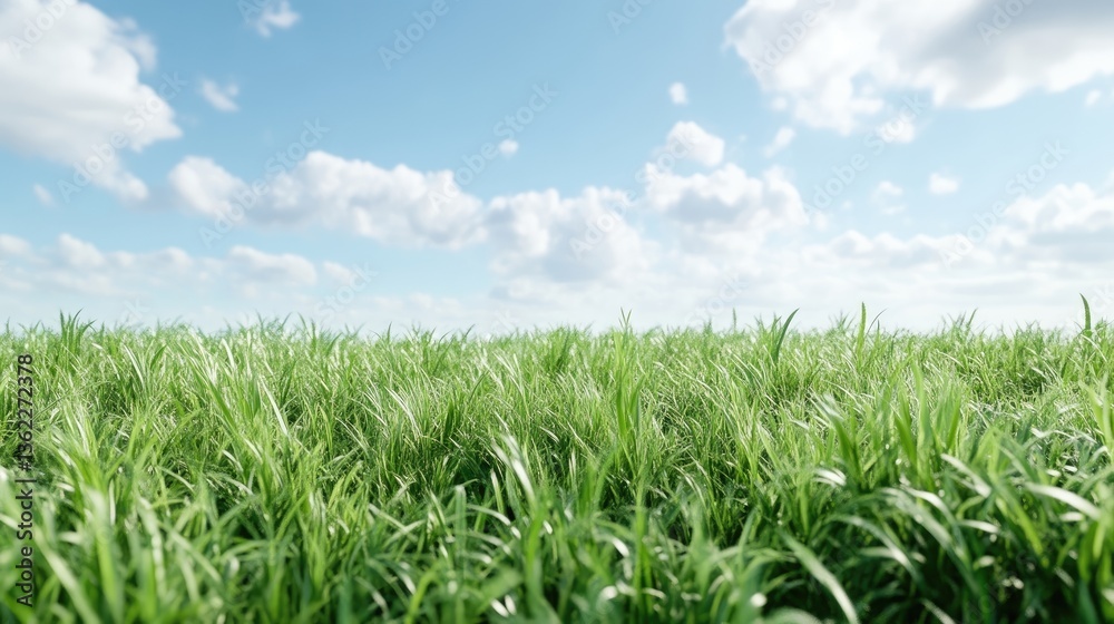 Fototapeta premium Lush green grass field under a partly cloudy sky (2)