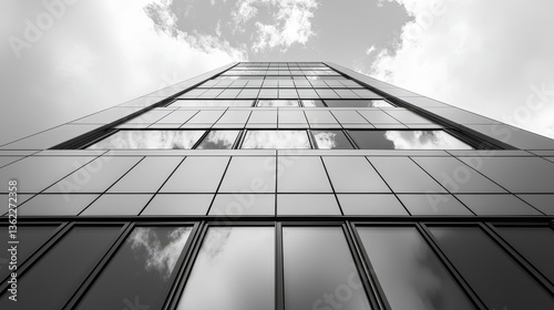A tall modern building viewed from below looking upwards toward the sky