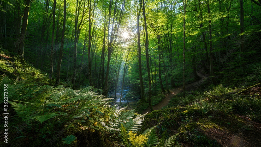 Fototapeta premium Sunlight streaming through lush green forest with ferns and tranquil pathway