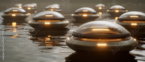 Futuristic floating vessels illuminated at dusk on a tranquil water surface with misty background