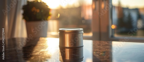 Silver tin container on a marble table with sunlight streaming through a window, creating a warm ambiance