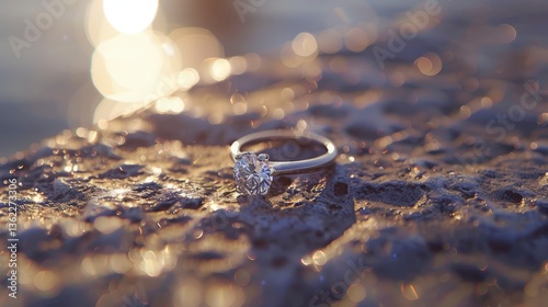 Close-up of a sparkling engagement ring resting on a textured surface by the water, with bokeh background
