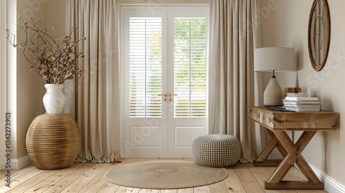 Cozy and stylish interior living space featuring natural light, decorative elements, and neutral tones