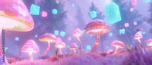 Vibrant fantasy landscape featuring glowing mushrooms and floating geometric shapes in a mystical forest