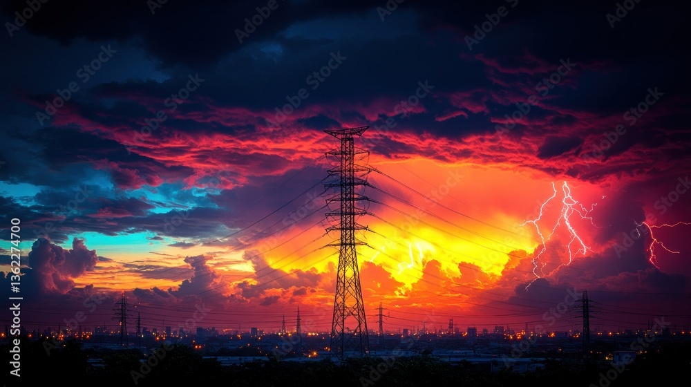 Naklejka premium Dramatic sunset storm over power lines