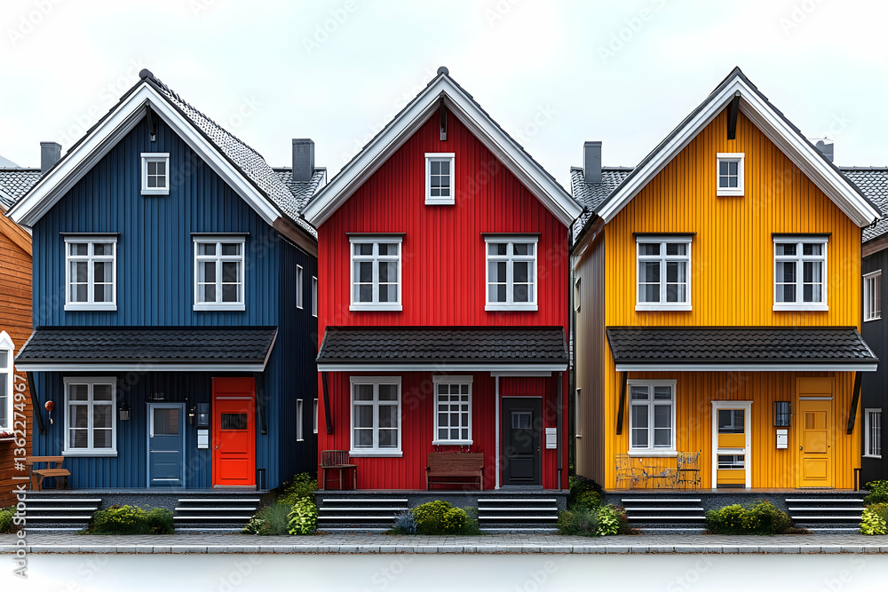 Colorful row houses stand side-by-side under cloudy skies; painted wood exterior Colorful row houses stand side-by-side under cloudy skies; painted wood exterior