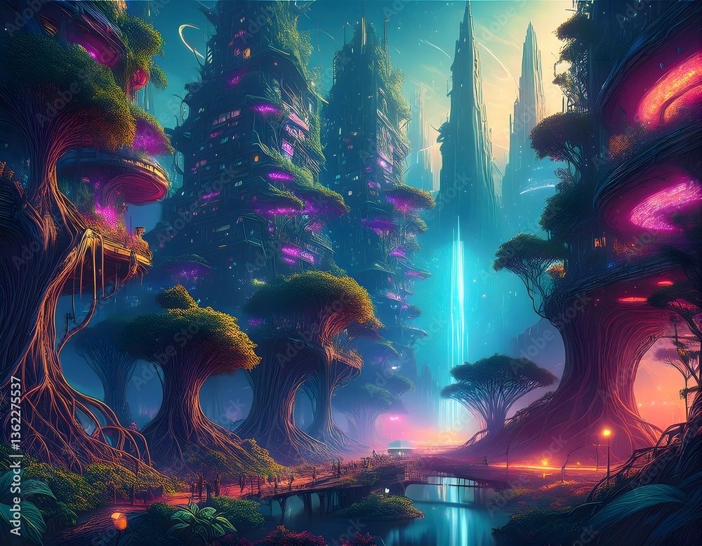 Obraz premium Futuristic city built around giant glowing trees at night with waterfall