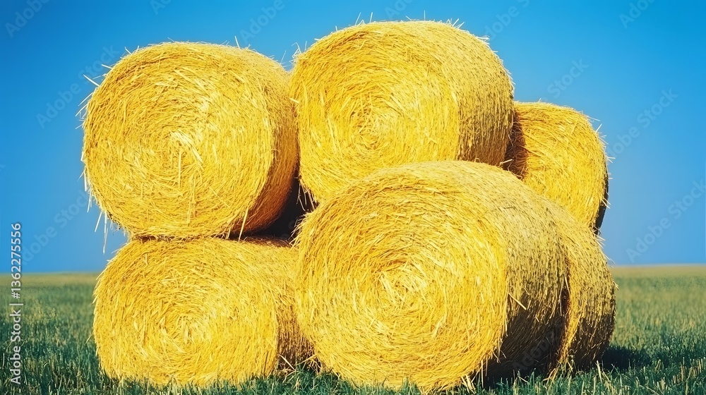 Golden Hay Bales Stacked in Field Under Blue Sky Golden Hay Bales Stacked in Field Under Blue Sky