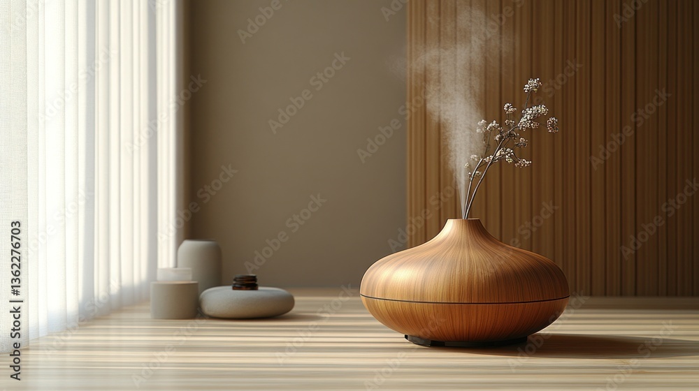 Wooden diffuser emitting a calming mist, enhancing ambiance Wooden diffuser emitting a calming mist, enhancing ambiance