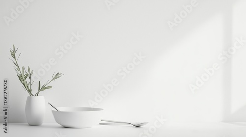Wallpaper Mural Minimalist White Studio Setup with Clean Bowl and Olive Branch Torontodigital.ca
