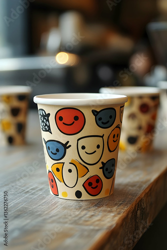 Cup with colorful cartoon faces on wooden counter