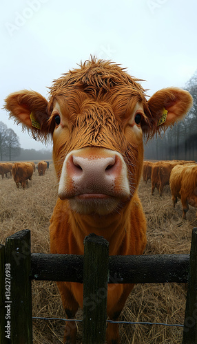 Curious brown cow peeks over weathered fence in field of dried grass, other cows blur in background