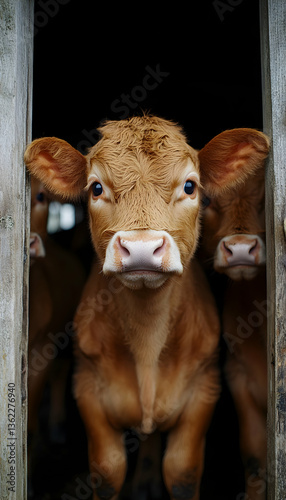 Curious calves peeking from a barn doorway