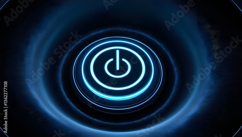 a glowing power button illustration surrounded by concentric circles, representing digital start or control 