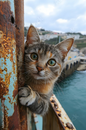 Curious multicolored tabby cat peeks from rusty metal