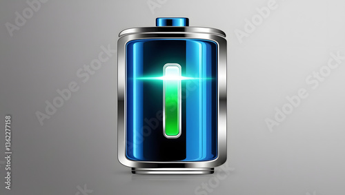 a 3D image of a battery, nearly fully charged, with a blue and metallic design, indicates power
