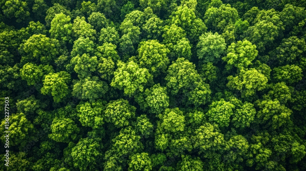 Naklejka premium Lush green forest canopy. Aerial view of dense treetops