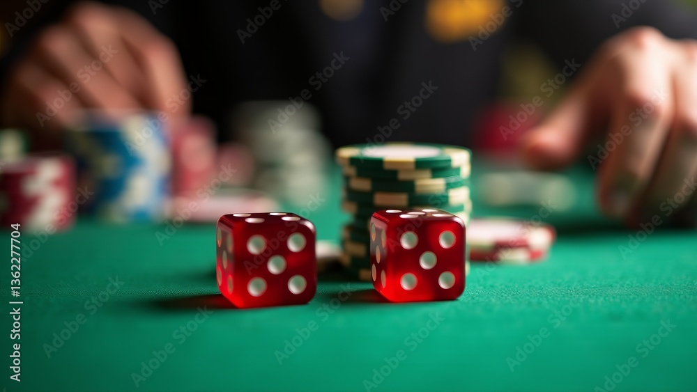Red Dice And Gambling Chips On Table Red Dice And Gambling Chips On Table