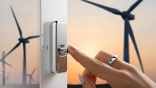 a person's finger interacting with a modern door handle against the backdrop of wind turbines and a sunrise sky, symbolizing sustainable energy and security