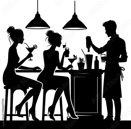 Silhouette of bartenders mixing drinks for customers at a bar  