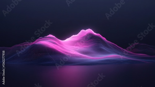 Abstract landscape with pink and blue glowing light on mountain shapes in a dark background