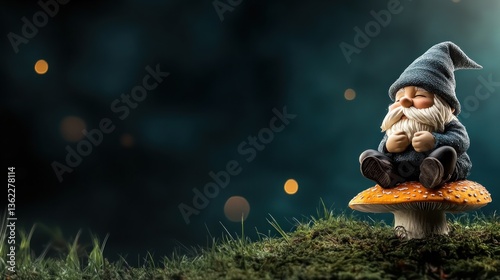 Serene gnome rests on a mushroom in a mystical forest setting