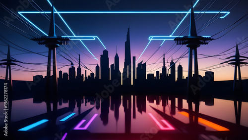 a stunning city skyline with glowing neon lights and power lines. A reflection of the buildings and lights creates a captivating visual effect