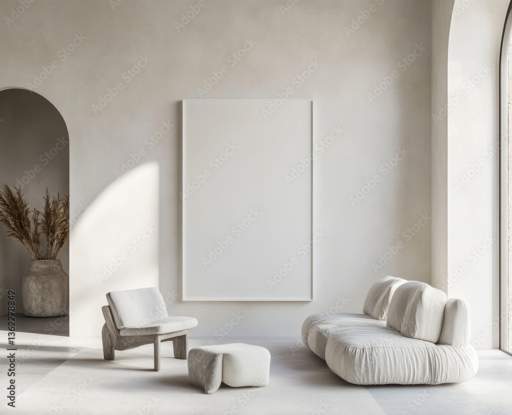 Fototapeta premium Minimalist living room with large blank canvas, arched doorway, and sunlight.