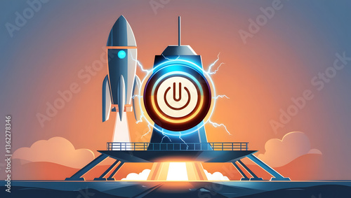 a rocket launching from its platform into the sky, symbolizing new beginnings