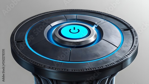 an illuminated power button. The image features a detailed view of a cylindrical base with an eye-catching, futuristic design