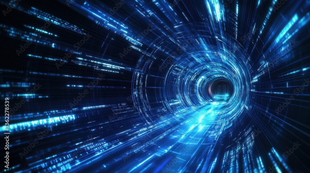 Fototapeta premium Blue digital speed tunnel lights, abstract tech background. illustration