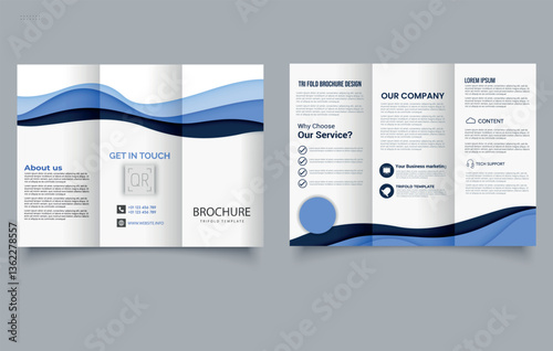 Trifold brochure template with blue waves. Corporate design for business.
