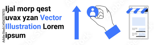 Hand holding profile icon, upward arrow, and website mockup signify online user growth. Ideal for business growth, marketing strategy, user experience, target audience, recruitment, innovation