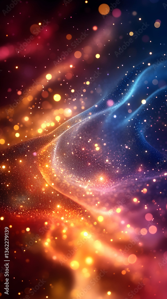 Fototapeta premium Cosmic beauty Glowing abstract nebula with orange and blue swirls, bokeh elements