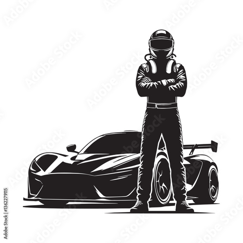 Precision Racing Driver silhouette, executing a perfect overtake - Racing Driver illustration - Minimalist Racing Driver vector - Strategic speed

