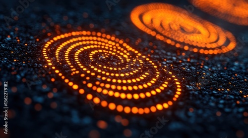Glowing orange spirals on dark background.  Abstract digital art