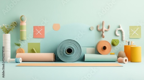 Pastel-colored objects arranged on a minimalist background