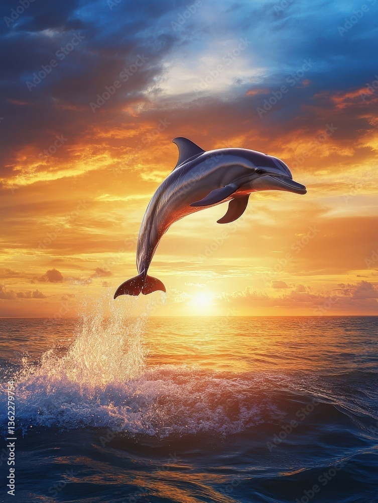 Obraz premium A graceful dolphin leaping out of the ocean with a colorful sunset in the background