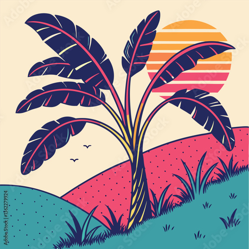 Funky Pop Art Palm Tree with Exaggerated Curved Leaves and a Sunset Gradient Background.