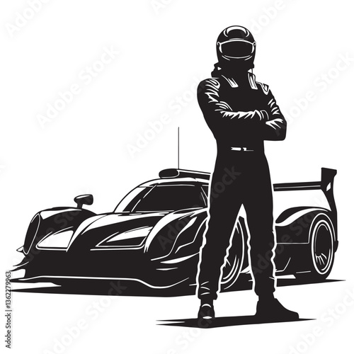 Champion Racing Driver silhouette, crossing the finish line - Racing Driver illustration - Minimalist Racing Driver vector - Victory moment

