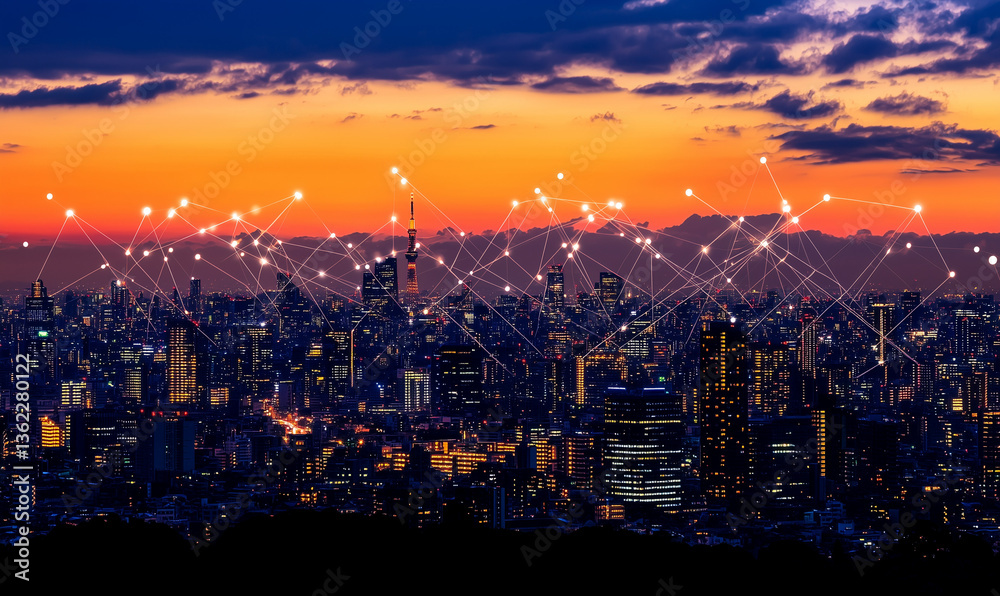 Obraz premium A vibrant city skyline at sunset, interconnected by digital network lines, showcasing a blend of technology and urban beauty.