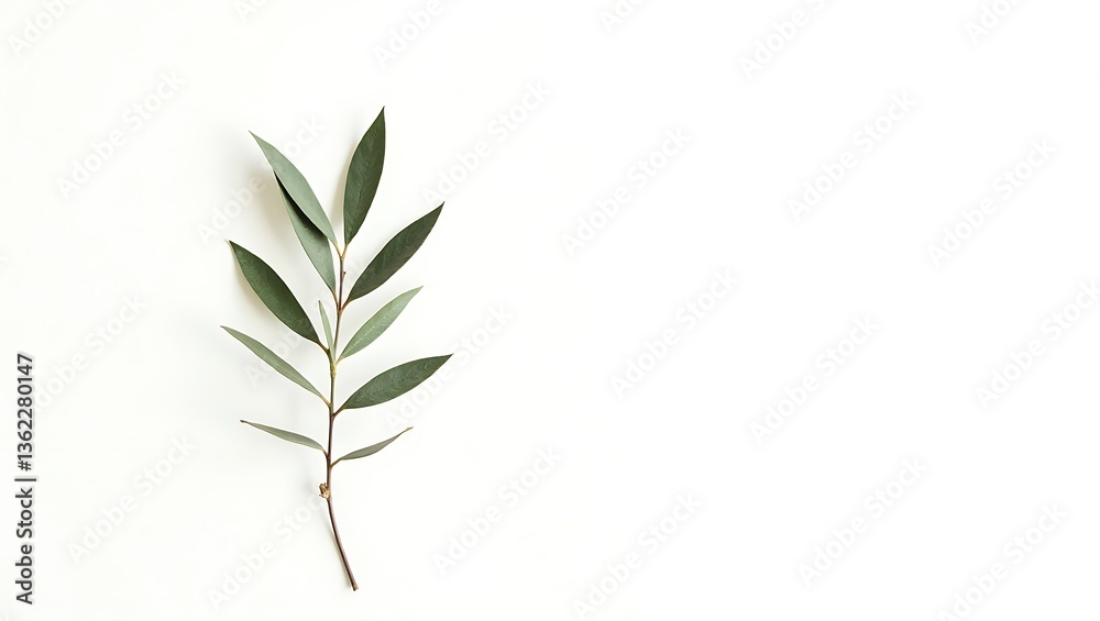 Fototapeta premium Minimalist botanical composition, olive branch with green leaves, white textured background
