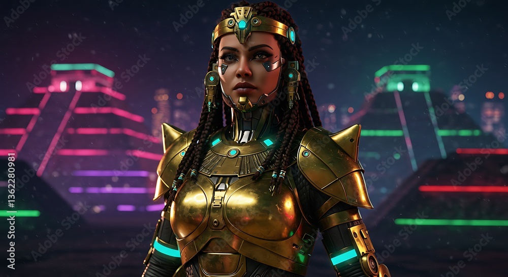 Fototapeta premium Apex Legends: New Legend Unveiled, Futuristic Mayan Warrior in Neon Cityscape