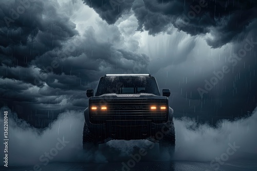 A rugged vehicle facing a stormy sky, surrounded by rain and mist, symbolizing adventure and resilience