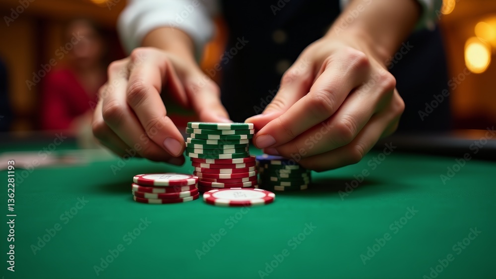 Stacking Casino Chips On Green Table