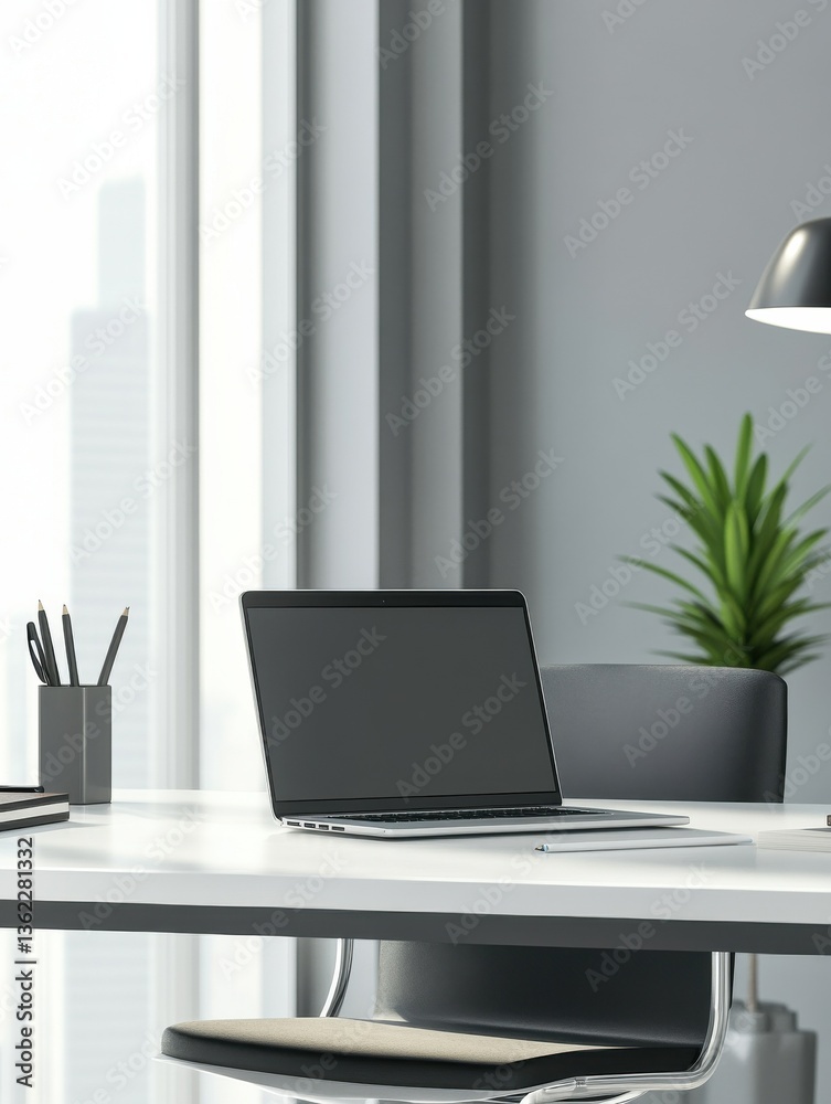 Capture a frontal view of a sleek, modern financial planners desk, with a crisp laptop and elegant stationery in a clean, minimalist style Capture a frontal view of a sleek, modern financial planners desk, with a crisp laptop and elegant stationery in a clean, minimalist style
