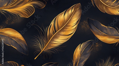 Luxury gold feather on dark background. Golden line art with bird feathers hand drawn wallpaper. Design in seamless pattern for banner, decoration, wall art, invitation, wedding and fabric.